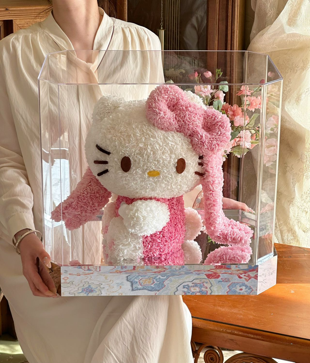 Pink Ribbon Kitty Preserved Flowers Box 🇸🇬 SG In Stock