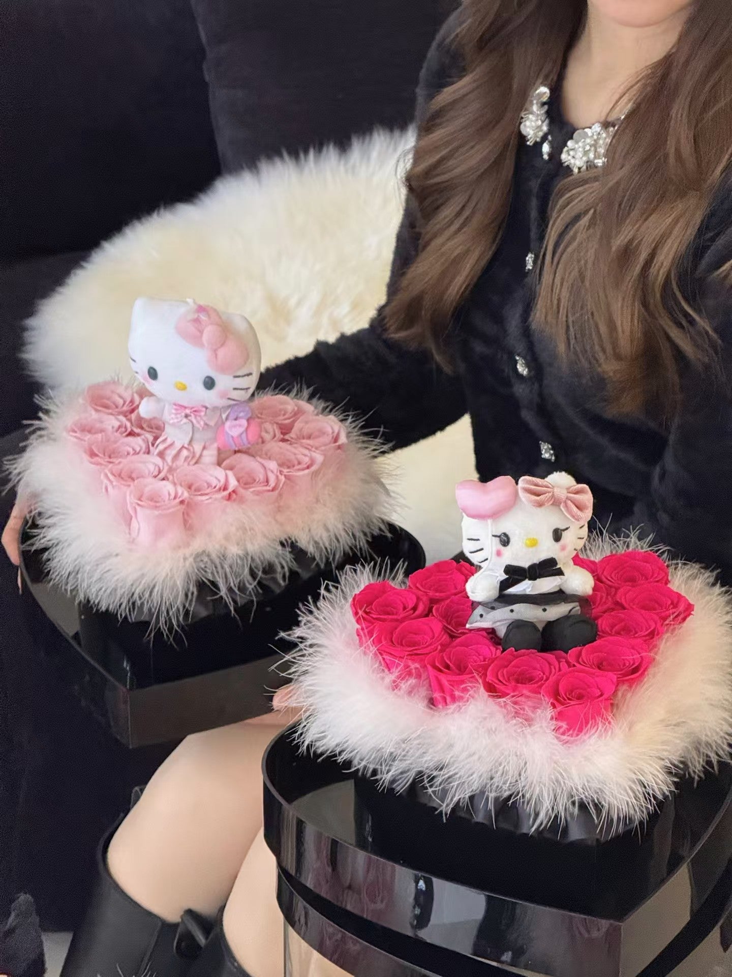 Angel Kitty 🪽 Heart Shape Preserved Roses Box 🎀 Baby Pink Kitty 🇸🇬 SG In Stock