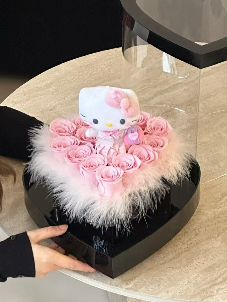 Angel Kitty 🪽 Heart Shape Preserved Roses Box 🎀 Baby Pink Kitty 🇸🇬 SG In Stock