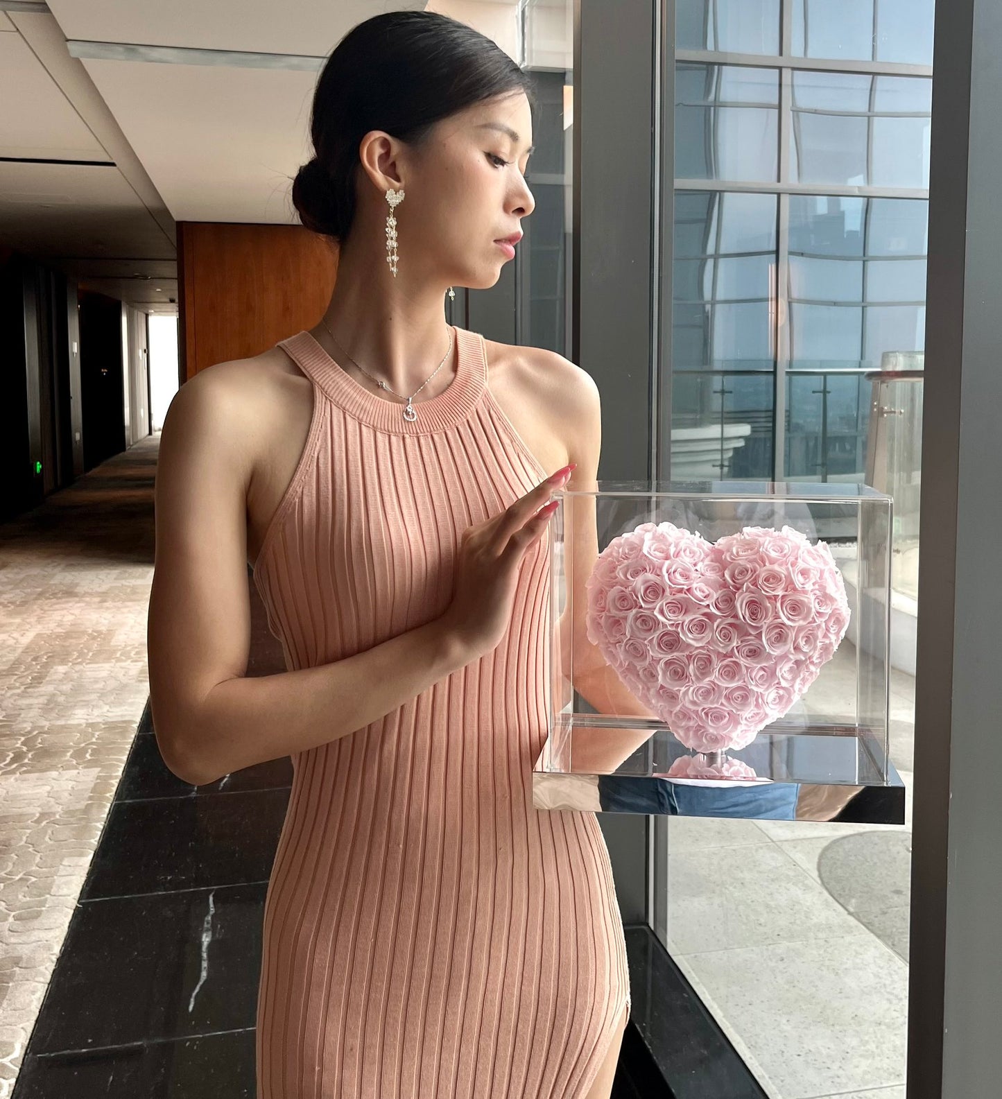 Sakura pink 🌸3D Love Heart Shaped Preserved Roses Box 🇸🇬 SG In Stock