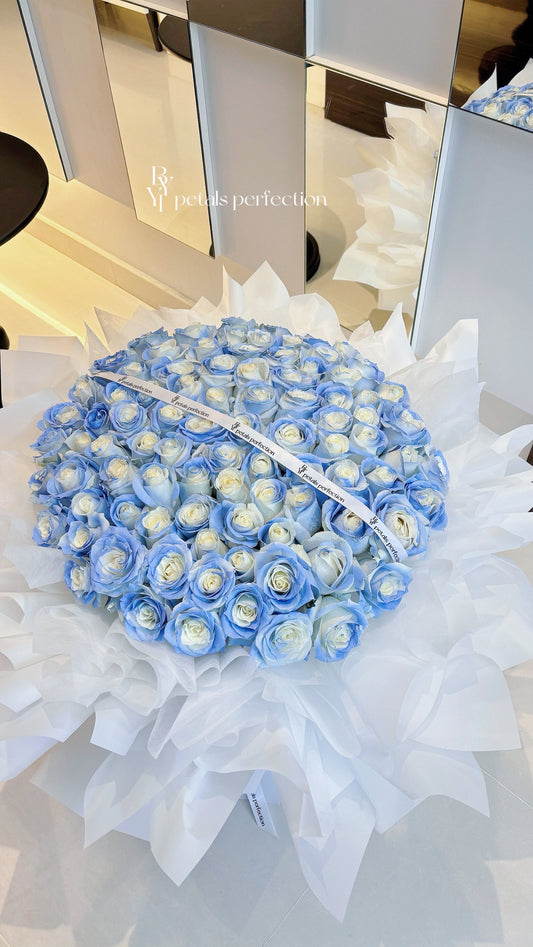 Kenya Premium Fresh Roses Bouquet 🩵 Airbrush Ice blue 💙 99stk
