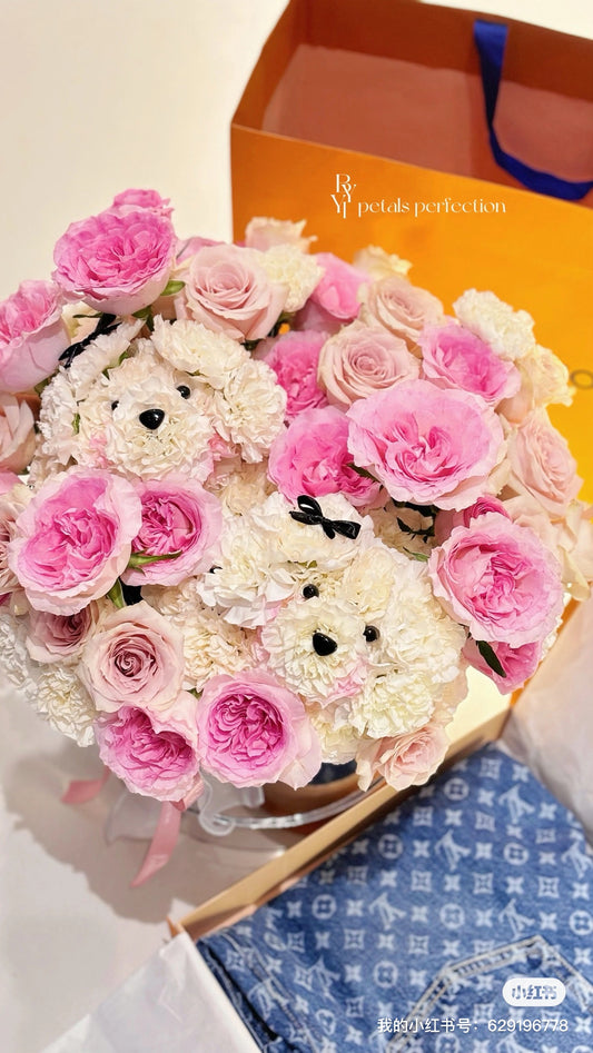 Double Puppy Love Fresh Roses Box Large Size